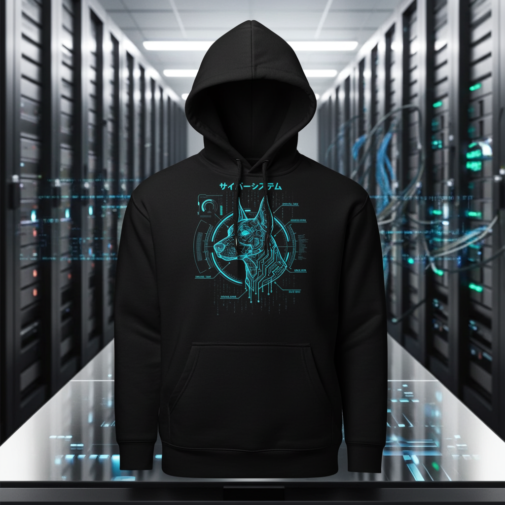 oversized hoodie, achterkant toont een grote neon blauwe wireframe illustratie van een cybernetische Doberman kop en technische data in cyberpunk stijl
